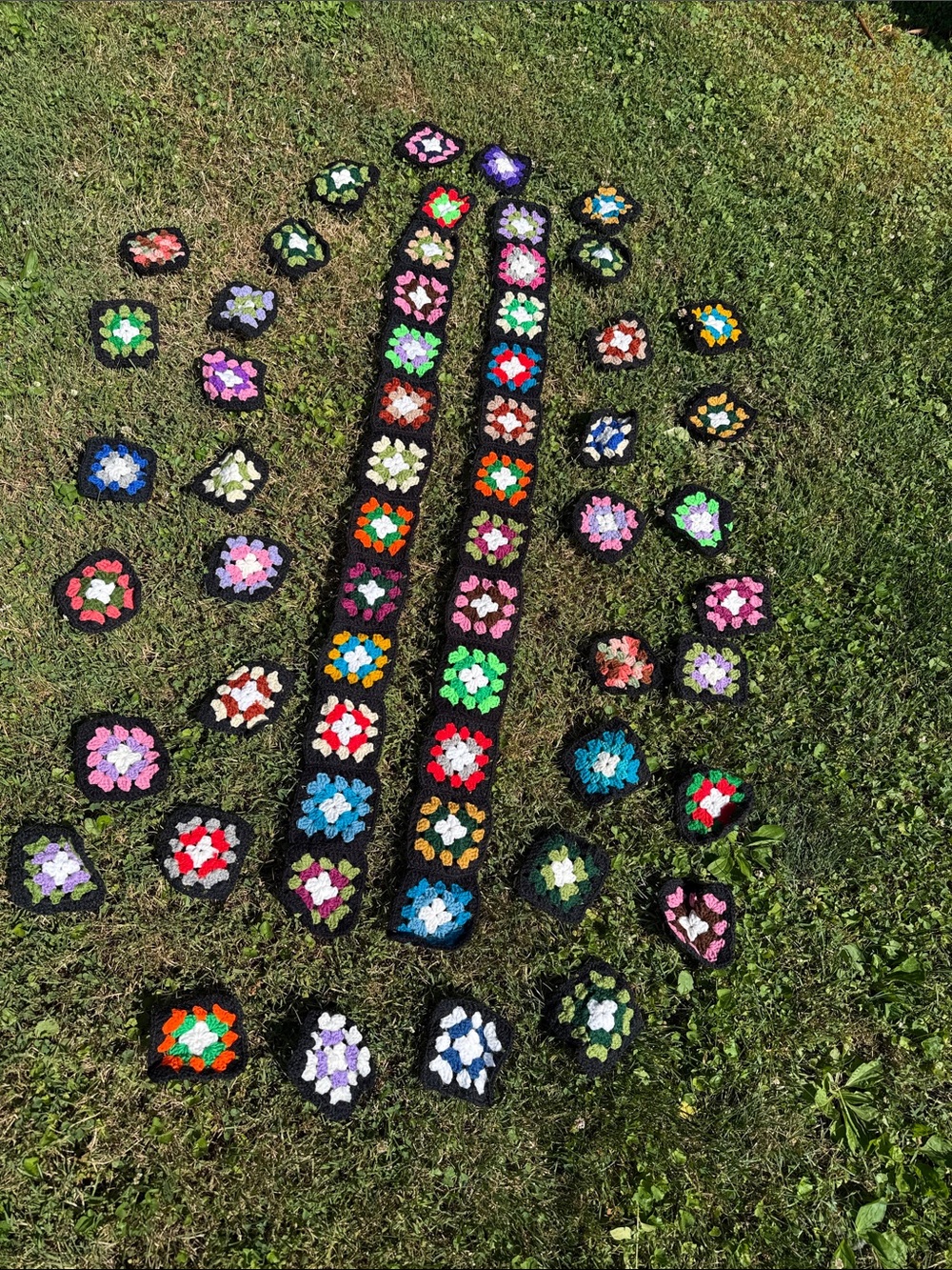 Handmade Crochet Granny Square 2 Strips  & multiple pieces - Multicolor on Black